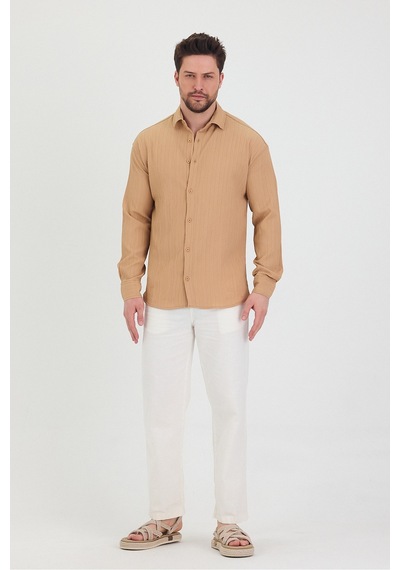 Cool Tarz Erkek Kendinden Çizgi Detaylı Slim Fit Dar Kalıp Uzun Kol Gömlek Krem Krem