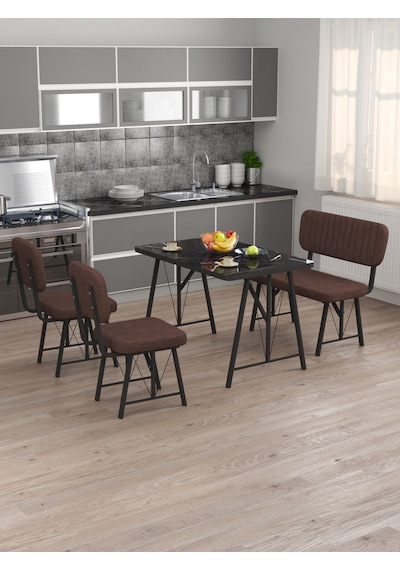 Hayat 70x110 Bendir Mutfak Masası, Mutfak Masası Takımı, Yemek Masası, 2 Sandalye 1 Bench - Kahverengi Kahverengi