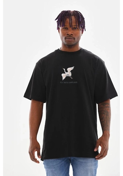 Erkek Baskılı T-shirt Yazlık Kısa Kol Bisiklet Yaka Tişört - Siyah