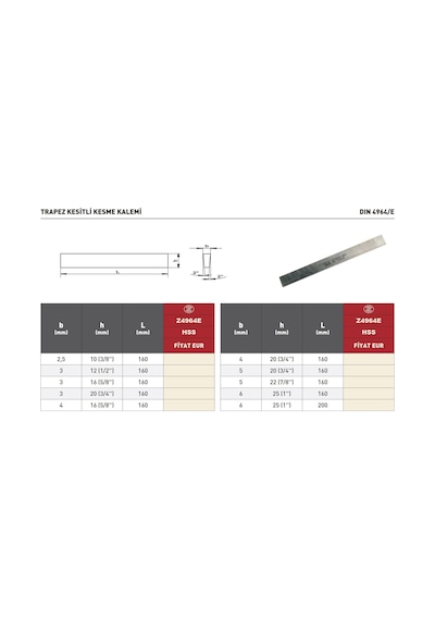 Fett 6x25 1'' X160 Poldi Dın4964e Hss Trapez Kesitli Kesme Kalemi