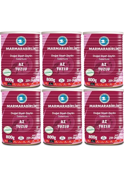 Marmarabirlik Az Tuzlu 231-260 KB L Siyah Zeytin 6 x 800 G