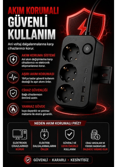 Akım Korumalı 3'lü Topraklı Priz 2 Usb-a 2 Type-c 3680w 16a Anahtarlı Duvara Monte Edilebilir Çoçuk Korumalı 1 M