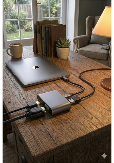 Usb-c 4 Ü 1 Arada 4k Hdmı + Vga + Usb 3.0 + Pd Hızlı Şarj Çoklayıcı Adaptör Gri