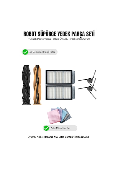 Dreame X50 Ultra Complete Rlx85ce İle Uyumlu 1 Ana Fırça 2 Yan Fırça 2 Filtre 1 Temizlik Bezi 11.0