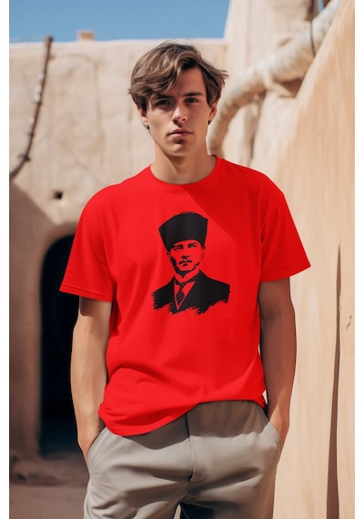 Magors Stıl-x Atatürk Silüeti Baskılı Bisiklet Yaka, %100 Pamuklu, Standart Kalıp Erkek Tshırt Kırmızı Magors Stıl-x Atatürk Silüeti Baskılı Bisiklet Yaka, %100 Pamuklu, Standart Kalıp Erkek Tshırt Kırmızı