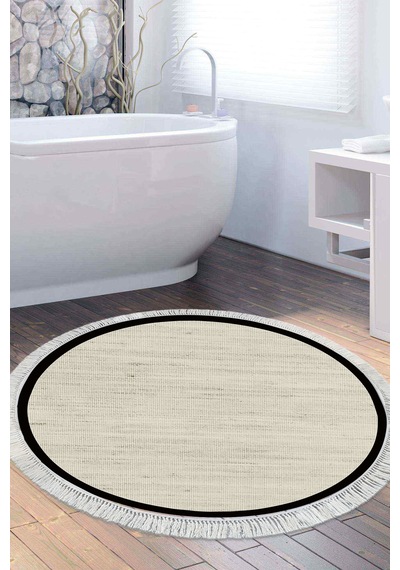Dekoreko Kaymaz Taban Djt Banyo Mutfak Salon Halı Trend Saçaklı Yuvarlak Dokuma Desen E5001 Bej Gri