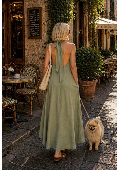 Milano Flow Maxi Dökümlü Elbise - Haki - M - St01140-haki-m
