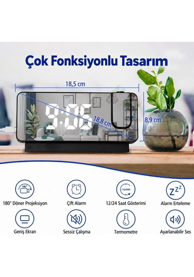 Projeksiyonlu Dijital Alarm Saat Led Ekranlı Termometreli Çift Alarmlı Siyah Diğer
