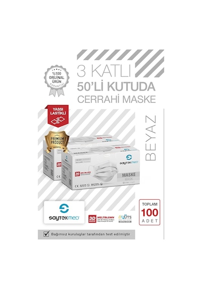 Saytekmed Meltblown Filtreli, Yassı İpli, 3 Katlı Beyaz Maske (2 Kutu/100 Adet)