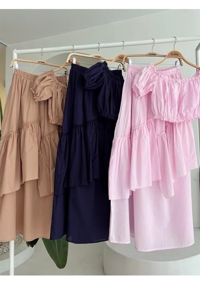 Amorluxe Büzgülü Crop Kat Detaylı Fırfır Etekli Takım 10196 Pembe