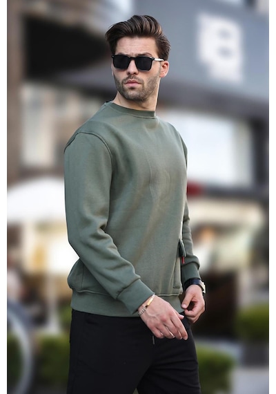 Madmext Haki Bisiklet Yaka Şardonlu Cep Detaylı Baskılı Erkek Sweatshirt 7061 Haki
