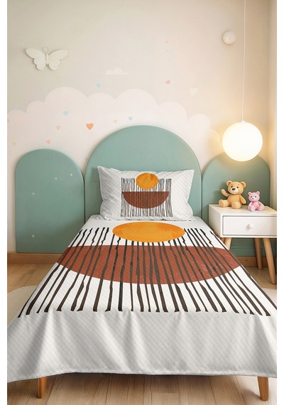 Geometrik Boho Hardal Genç Odası Tek Kişilik Pike Takımı - Kiremit Siyah 160x220 Cm Yatak Örtüsü Keten Bozkır Gölgesi