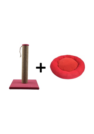Pribor Kedi Tırmalama Tahtası 40 Cm Ve Kedi Simit Yatağı 50 Cm Çap Polar 2' Li Set Bordo-kırmızı
