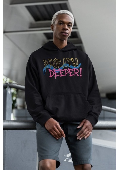 Breath Deeper Yazılı Unisex Oversize Tasarım Hoodie Siyah