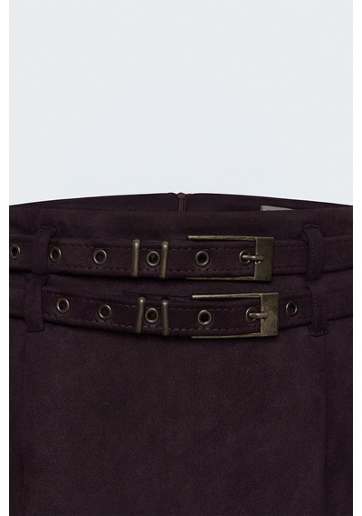 Sateen Süet Çift Kemerli Mini Etek - Bordo-137996