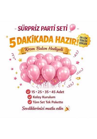 Pastel Balon Seti 15 Adet Krom Balon Hediyeli Doğum Günü Parti Balonu Pembe