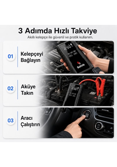Solvis 4'ü 1 Arada 12v Akıllı Akü Takviye Cihazı, Lastik Şişirme, Powerbank Ve Led Aydınlatma Çanta Hediyeli