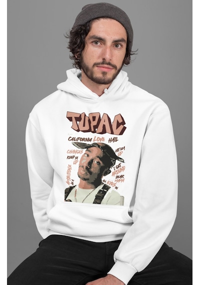 Tupac Rapper Baskılı Unisex Oversize Şarkıcı Hoodie beyaz