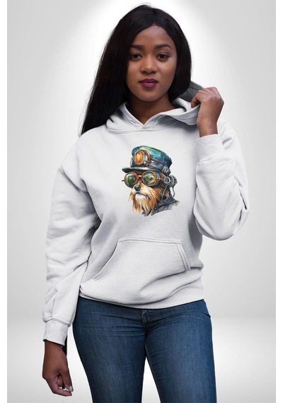 Tren Sürücüsü Gözlüklü Yorkshire Kadın Erkek Beyaz Kapüşonlu Sweatshirt Hoodie Beyaz