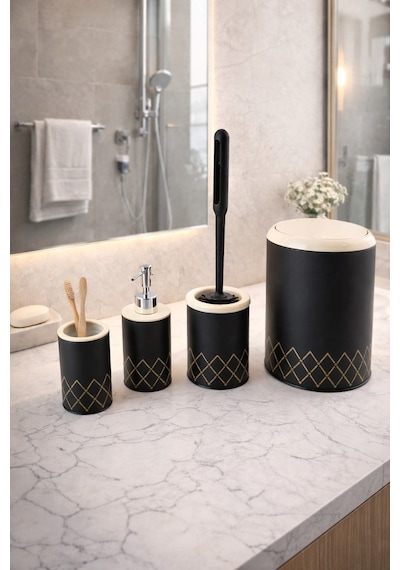 Geometrik Zikzak Desenli 4 Lü Banyo Seti Siyah