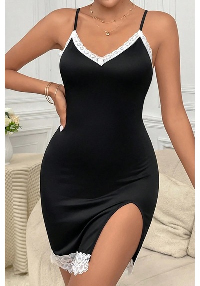 Ang Butik Kadın Siyah Askılı Yırtmaçlı Beyaz Dantelli Gecelik