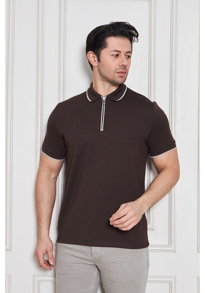 Erkek Jeuss Oysho Kumaş Fermuarlı Yakalı Kahverengi Tshirt