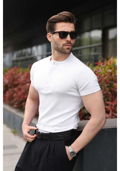 Madmext Beyaz Yarım Düğmeli Slim Fit Erkek Tişört E7186