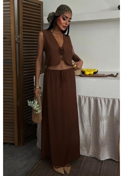 Moderie Butik Yelek Önden Bağlamalı Uzun Etekli Takım 10192 Kahverengi