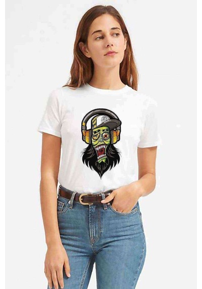 Dj Zombie Skull Baskılı Beyaz Kadın Tshirt