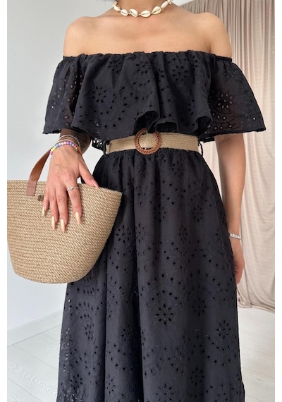 Etiler Collection Siyah Omzu Lastikli Brode Elbise Siyah