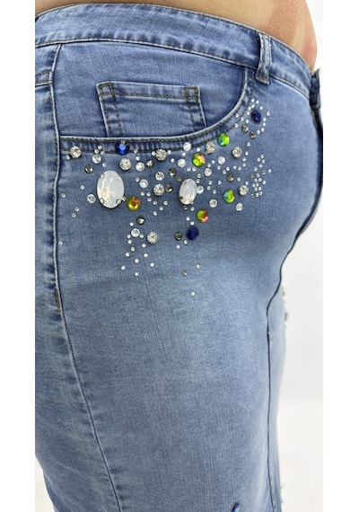 Zanessi Fashıon Büyük Beden Denim Taşlı Kalem Etek Mavi