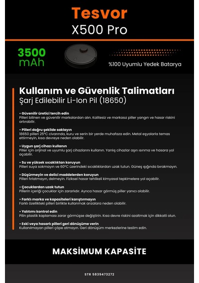 Tesvor X500 Pro 3500mAh Robot Süpürge Bataryası