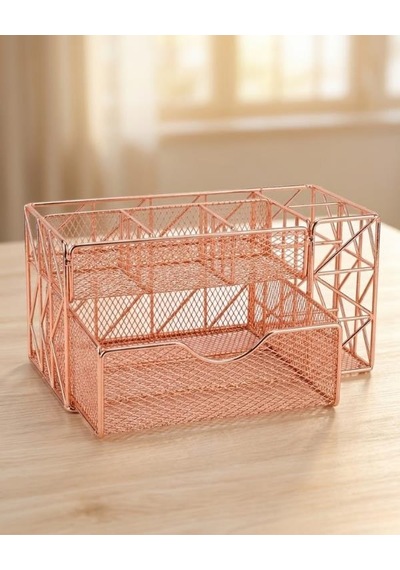 Temel Rose Gold Metal Mesh Masaüstü Organizer Çekmeceli Çok Bölmeli 21.8x11.5x11 Cm 9510