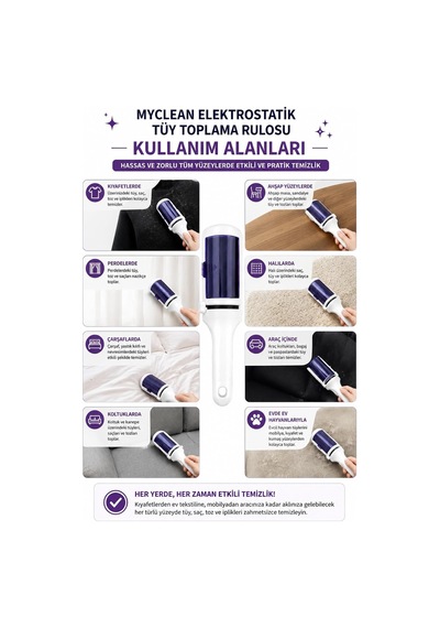 Tr Myclean Elektrostatik Tüy Toplama Rulosu Hazneli Yeniden Kullanılabilir Tüy Toplayıcı Kıyafet, Koltuk, Halı,