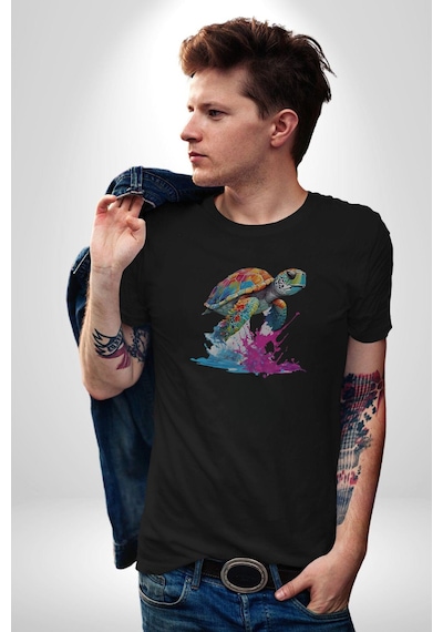 Renkli Kaplumbağa Karetta Kareta Unisex Unisex Siyah Organik Baskılı T-shirt Penye Yüksek Kalite Siyah