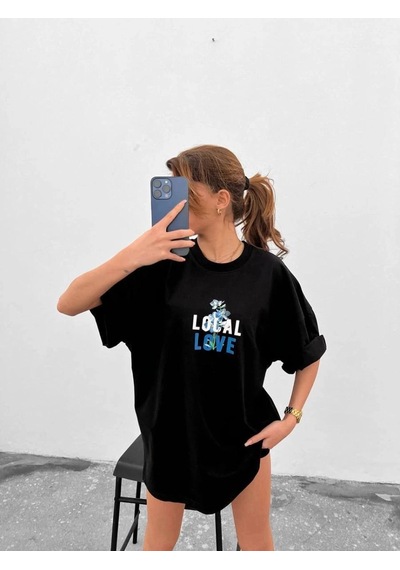 Freedom Storee Kadın Tişort Bisiklet Yaka Baskılı Kısa Kol Oversize T-shirt - Siyah Çok Renkli
