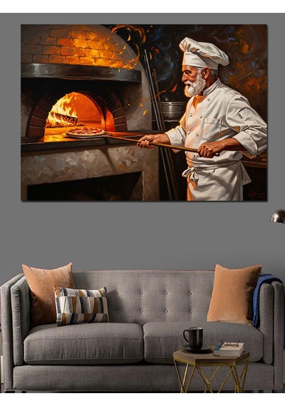 Ahşap Tablo Taş Fırında Pizza Pişiren Şef