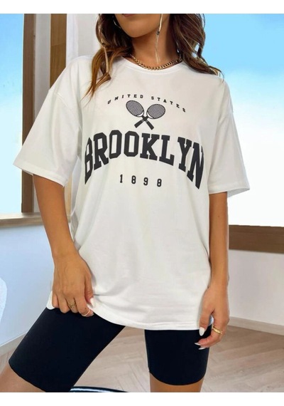 Beyaz Oversize Brooklyn Rocet Baskılı Tshırt Beyaz
