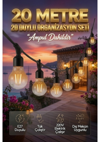 20 Metre 20 Duy Organizasyon Seti A60 4w E27 Rustik Ampul Dahil 220v Dış Mekan Bahçe Teras Festoon Işık Zinciri Siyah
