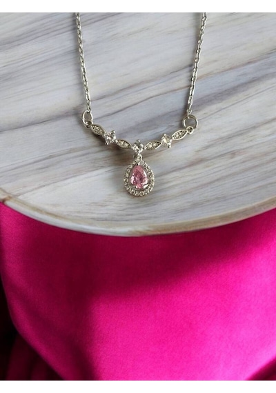 Pembe Zirkon Taşlı Damla Model Kadın Kolye - 55 Cm Paslanmaz Çelik, Zarif Ve Işıltılı Tasarım Çelik