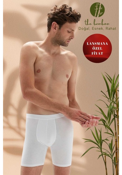 Weweus Beyaz Erkek Süper İnce Doğal Bambu Lüks Uzun Boxer 1013 Beyaz