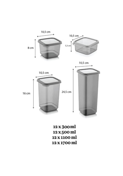 Jumbo Boy 10'lu Etiketli Kare Erzak Saklama Kabı Seti 1700 Ml - Sert Kapaklı Vakumlu Gri - 772372225 Gri