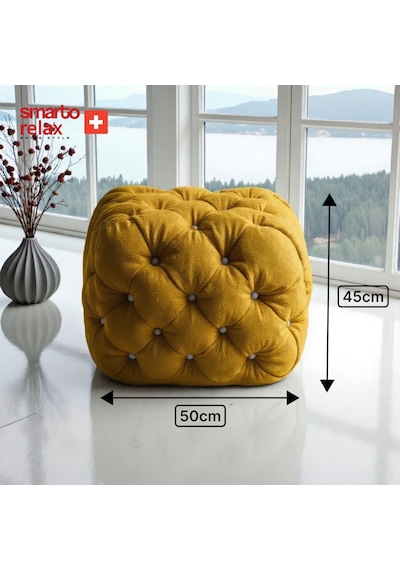 Smarto Relax Swiss Style Puf Zinal Ayaksız Kapitoneli Kare 45x45 Cm Baby Face Dekoratif Kapitoneli Dekoratif Puf Sarı