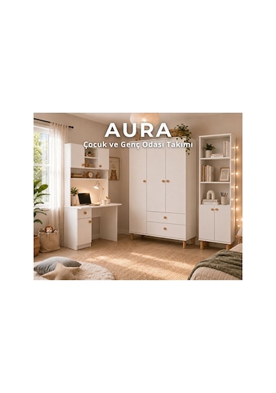 Aura Genç Odası - 3'lü Genç Odası Takımı - 3 Kapılı Dolap - Çalışma Masası - Kitaplık Beyaz Aura Genç Odası - 3'lü Genç Odası Takımı - 3 Kapılı Dolap - Çalışma Masası - Kitaplık Beyaz