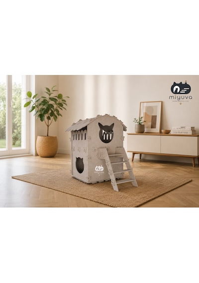 Keçe Kedi Evi Demonte, Yıkanabilir, Taşınabilir Kedi Kulübesi Dubleks Bej