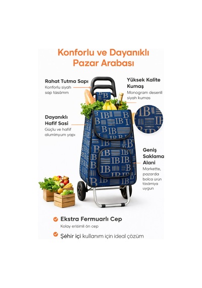 Katlanabilir Pazar Arabası Tekerlekli Market Arabası Geniş Hacimli Fermuarlı Cepli Alışveriş Arabası Mavi