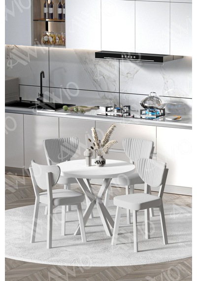 Avvio Arte Beyaz Elma Sandalye 90x90 Yuvarlak Yemek Masası Mutfak Masası 4 Kişilik Masa Sandalye Takımı Beyaz