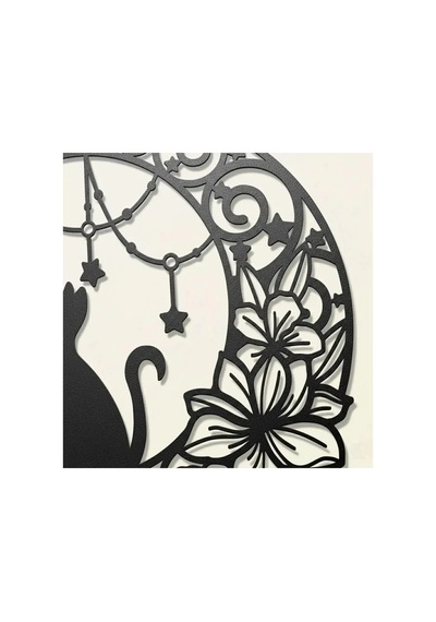 Floral Hilal Ve Kedi Silüeti Dekoratif Metal Tablo - Metal Duvar Sanatı - Gümüş - 30 X 30 Cm