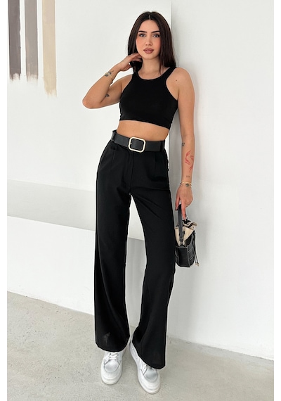 Pileli Yüksek Bel Kemerli Kumaş Pantolon Elegant siyah