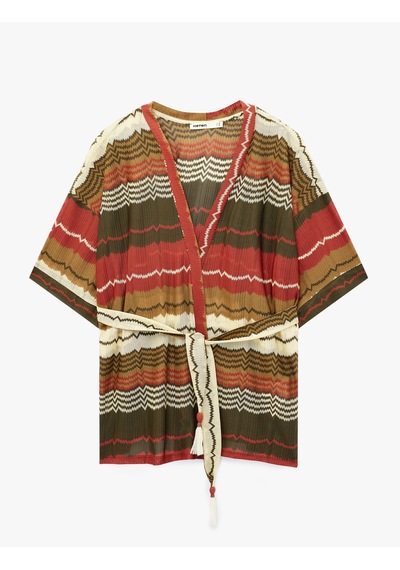 Koton Pointelle Örgü Kısa Kollu Kemerli Desenli Oversize Kimono Hırka Haki Desenli 6sak30075ek